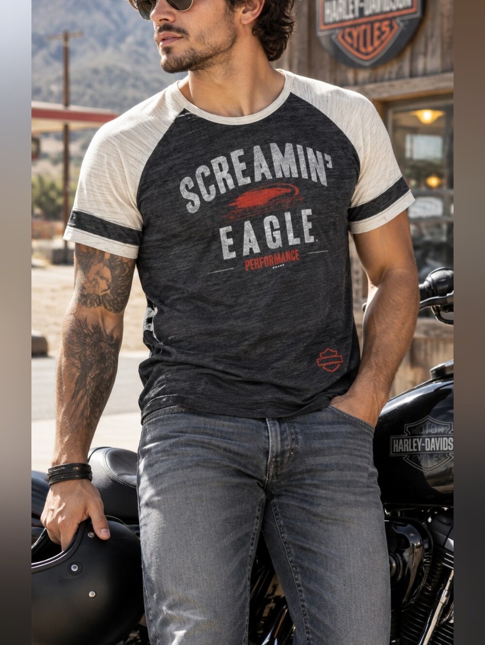 Harley-Davidson Screamin’ Eagle Performance Raglan T-Shirt Black Cream XL